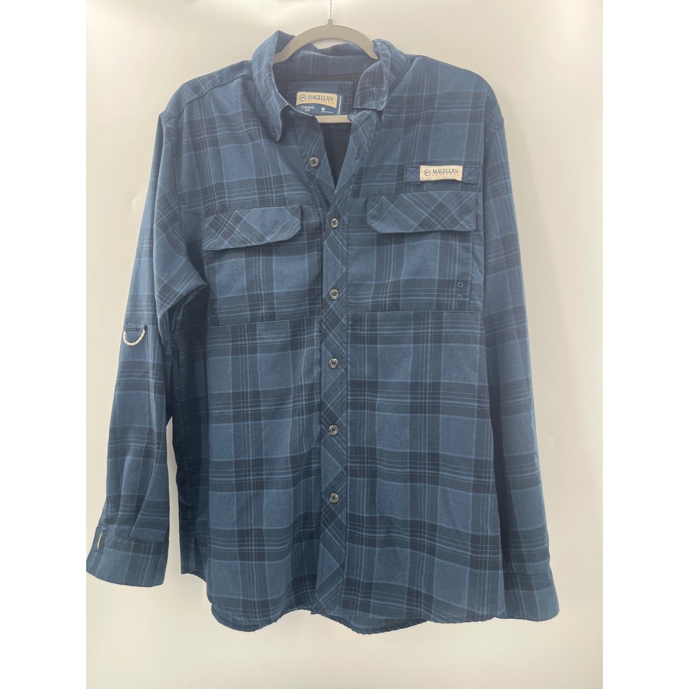 Magellan Outdoors Mens Blue Plaid Moisture Wicking Fishing Shirt Medium Classic